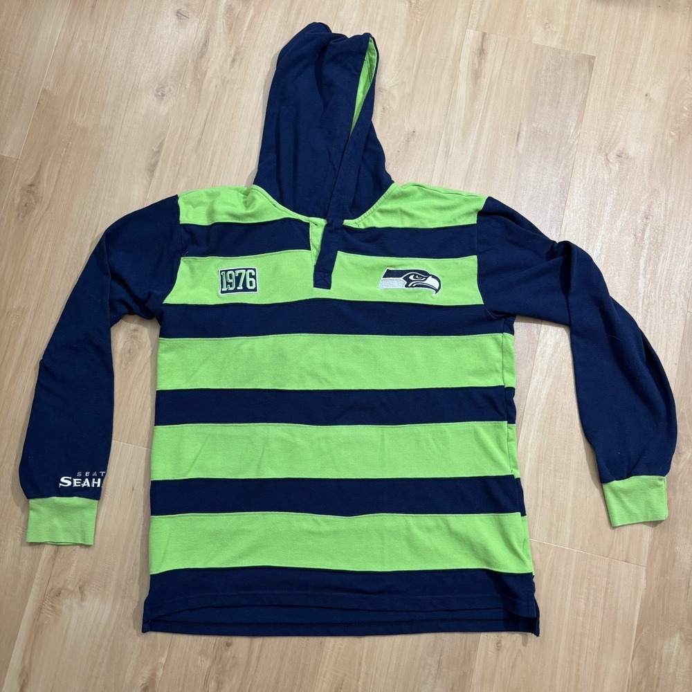 Seattle Seahawks Rugby Hoodie Blue Green Stripe Long Sleeve Size Large NFL Polo
